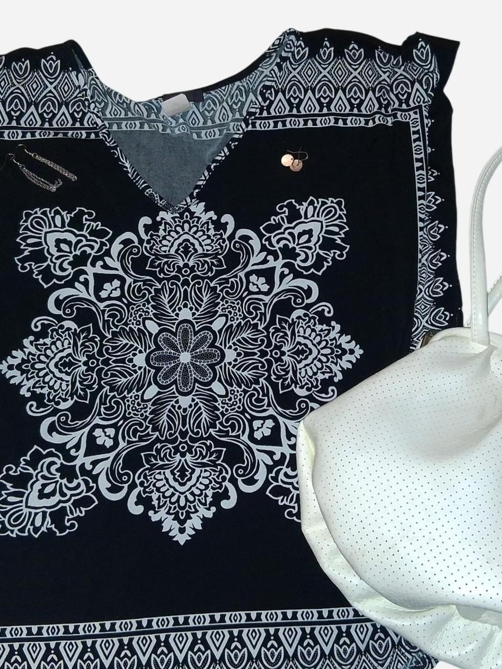 Bundle! Black and White V-Neck Boho Print Blouse, 2 Sets Of Earrings, Purse